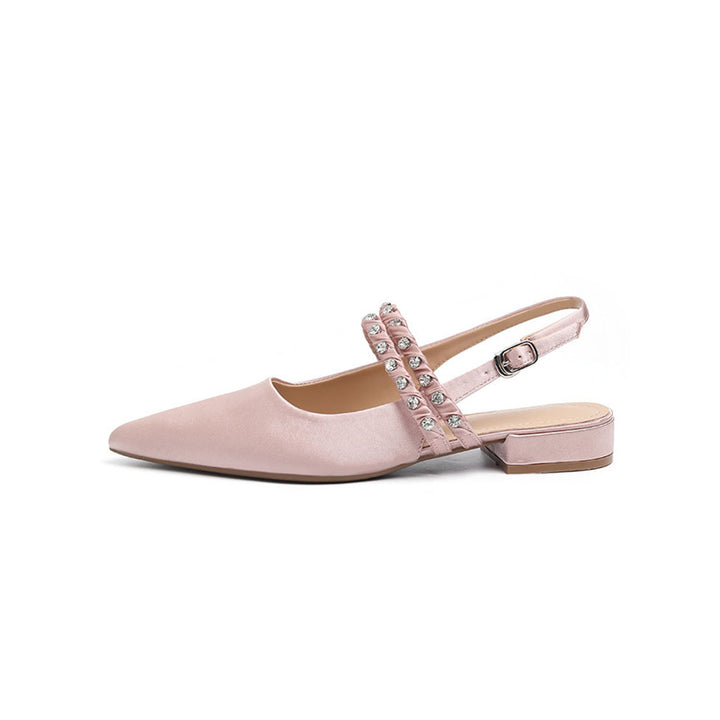 Damen Spitz zulaufende Satin‑Mules mit gepolstertem Komfortfußbett, niedriger Blockferse und kristallbesetztem Zierriemen Drune