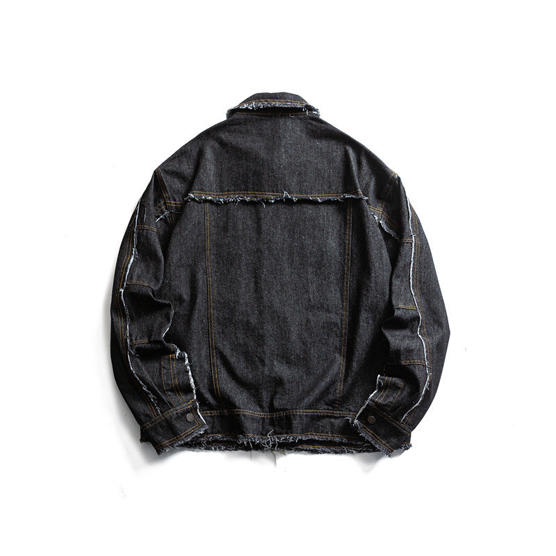 Herren Oversize Jeansjacke mit ausgefransten Kanten und großen Pattenstaschen Drune