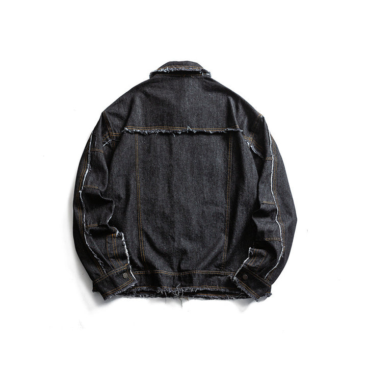 Herren Oversize Jeansjacke mit ausgefransten Kanten und großen Pattenstaschen Drune