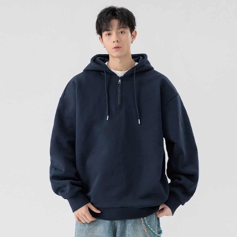 Unisex Oversize Kapuzenpullover mit Halbzip, Fleece-Innenfutter und geripptem Saum Drune