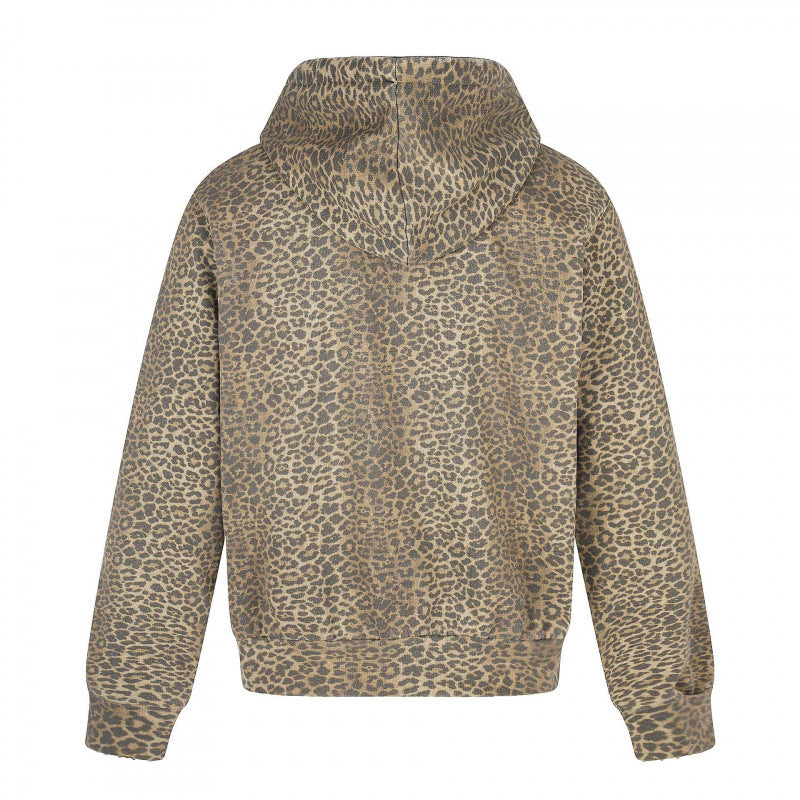 Unisex Kapuzenjacke im Leo‑Allover mit Vintage‑Effekt, Reißverschluss und Destroy‑Stickerei Drune