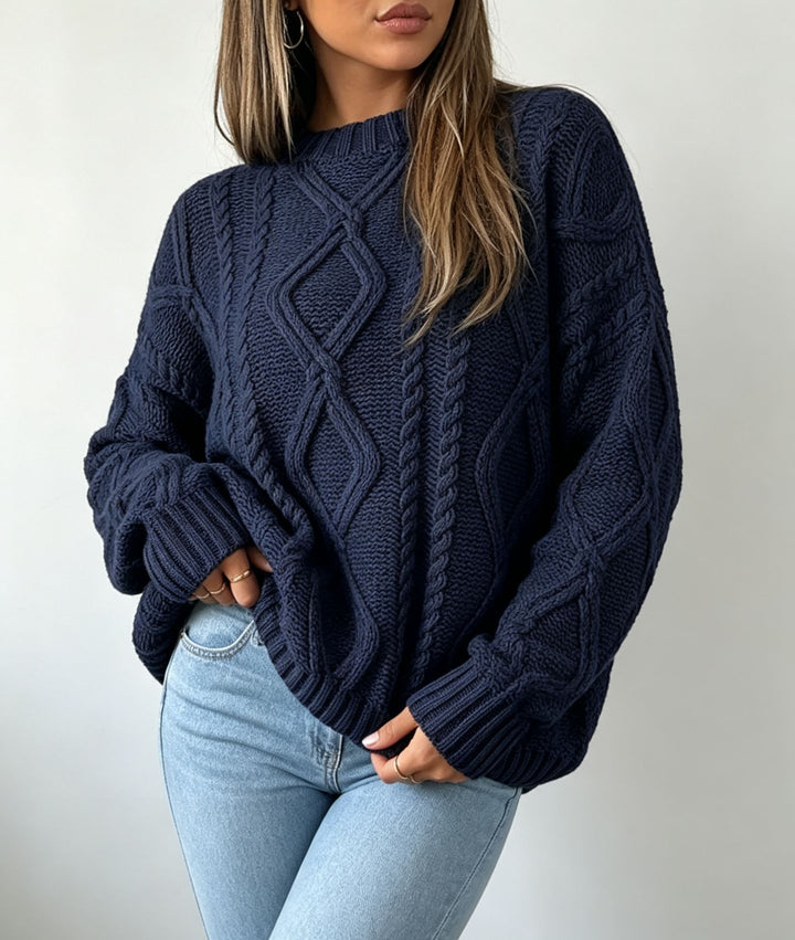 Damen Oversize Flechtstrick-Pullover mit Zopfmuster und Rundhals Drune