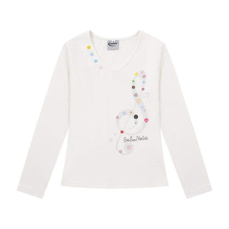 Damen Langarmshirt mit V-Ausschnitt und Notenschlüssel-Applikationen Drune