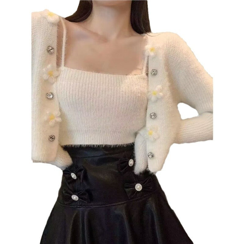 Damen modisches Strick-Top mit floralem Design und dazu passender offener Strickjacke Drune