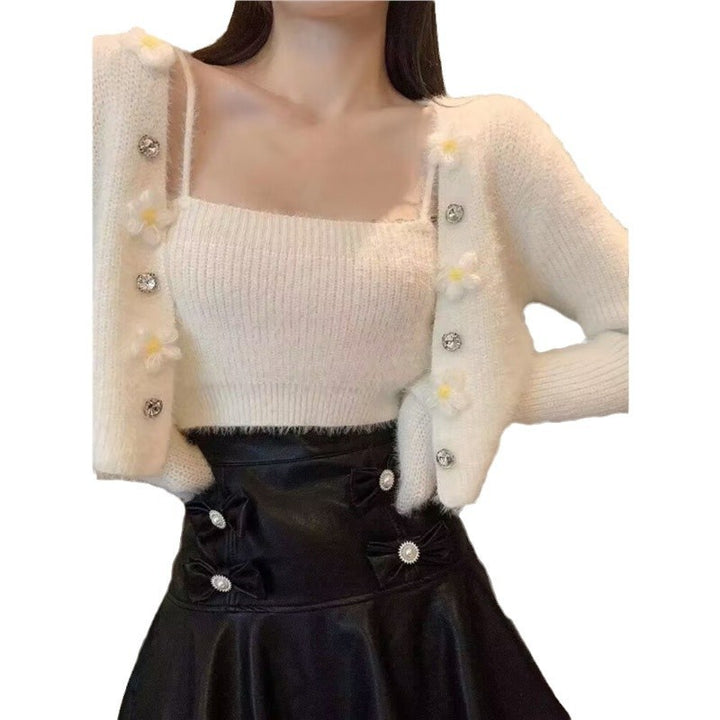 Damen modisches Strick-Top mit floralem Design und dazu passender offener Strickjacke Drune