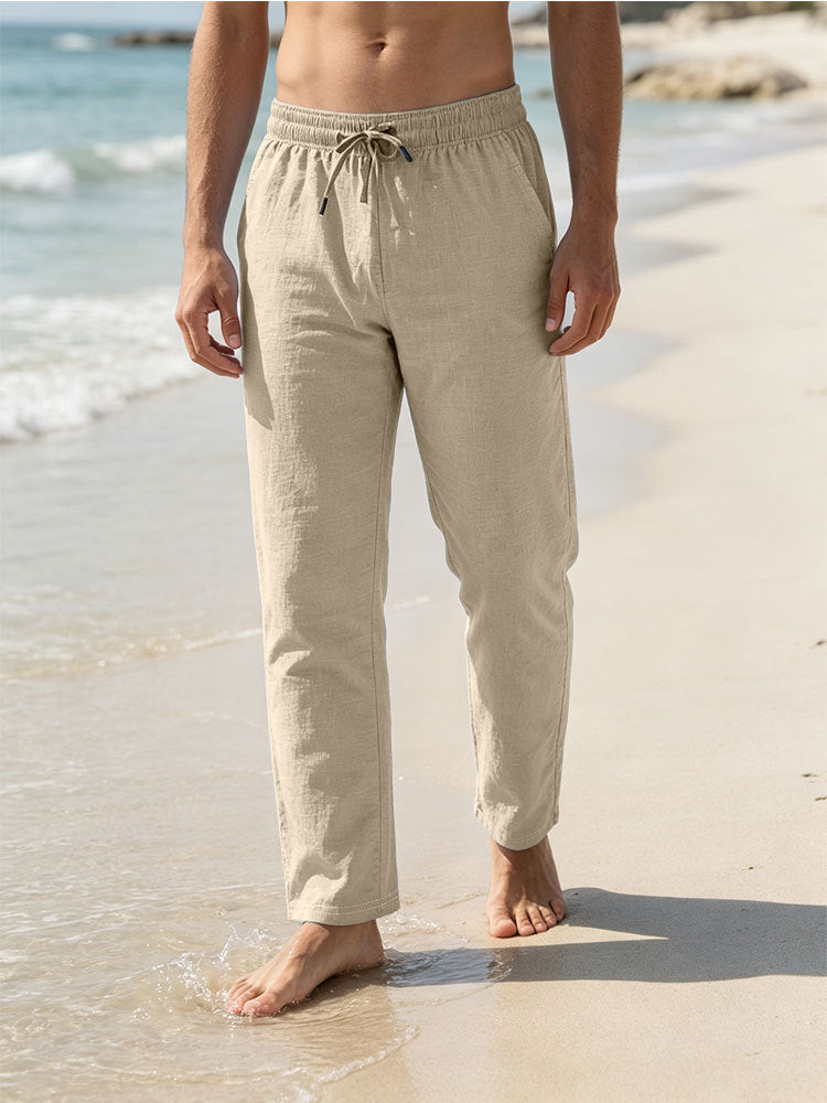 Herren Leichte Leinen-Baumwoll-Hose mit Tunnelzug, elastischem Bund und geradem Schnitt Drune