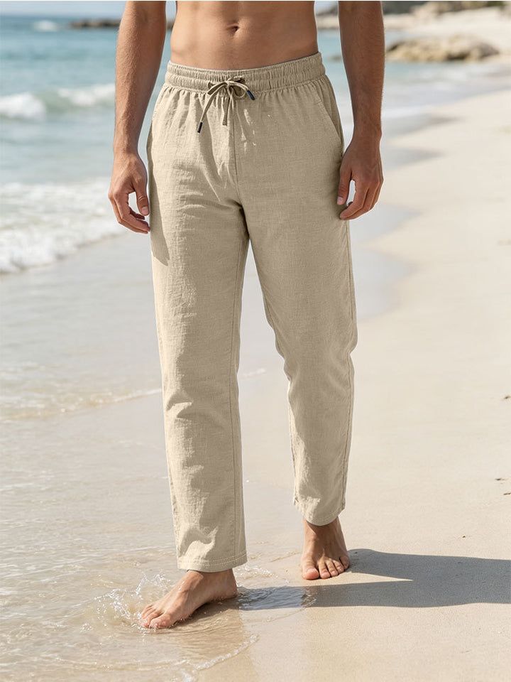 Herren Leichte Leinen-Baumwoll-Hose mit Tunnelzug, elastischem Bund und geradem Schnitt Drune