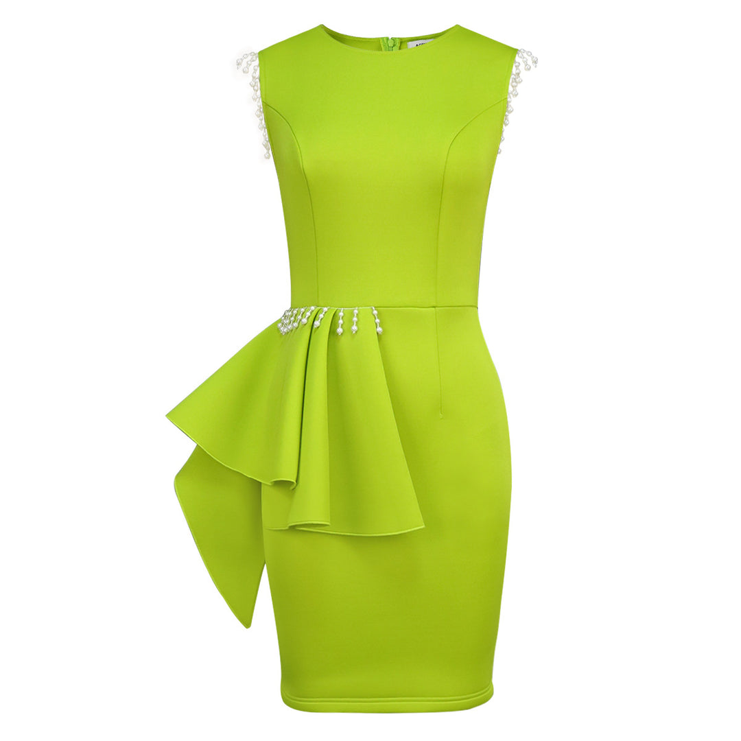 Damen skulptiertes Kleid mit asymmetrischem Volant und Perlenakzenten Drune