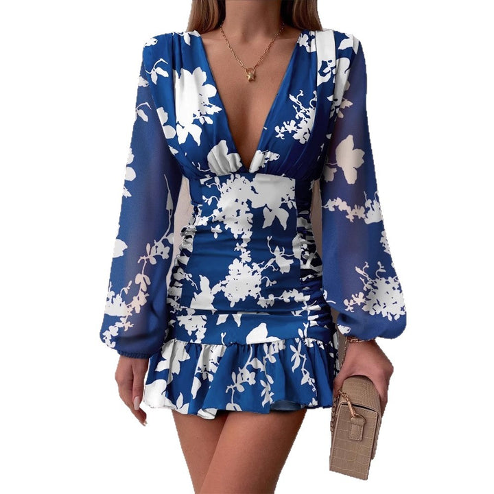 Damen Cocktailkleid mit tiefem V-Ausschnitt und funkelnden Puffärmeln Drune