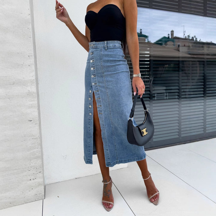 Damen nan taillenhoher Midirock aus Stretchdenim mit seitlichem Druckknopf-Schlitz und figurbetonter Passform Drune