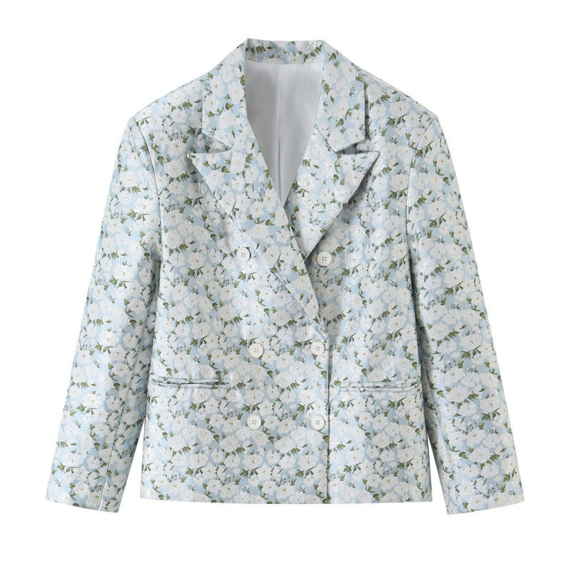 Damen Zweireihiger Bouclé-Blazer mit floralem Jacquardmuster Drune