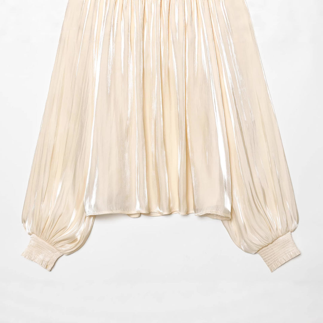 Damen nan plissierte Highneck-Bluse mit Volantkragen, Ballonärmeln und elastischen Bündchen Drune