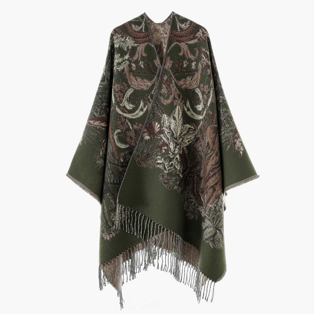 Damen Gefütterter Jacquard-Capeponcho mit floralem Barockmuster und Fransen Drune