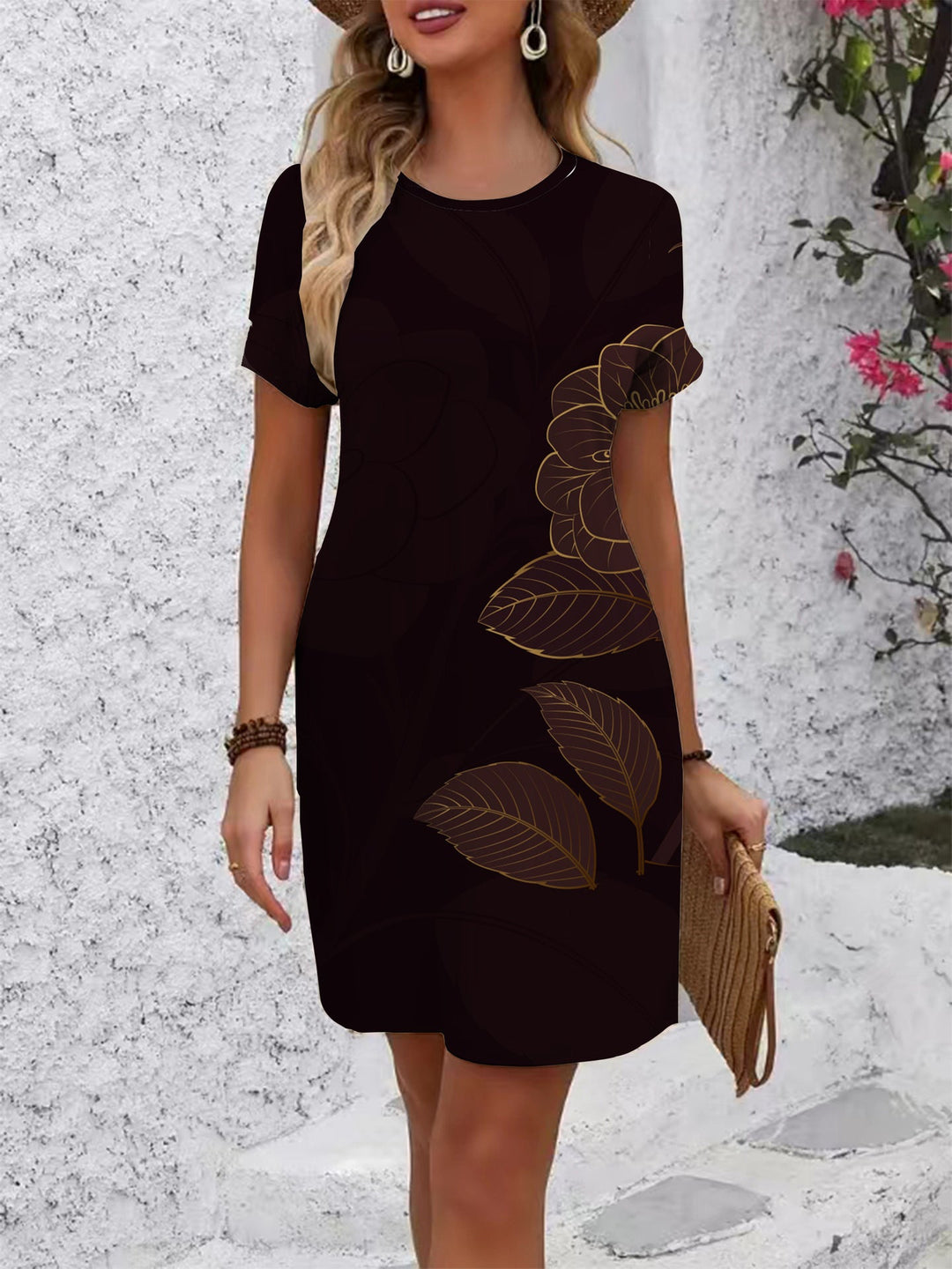 Damen Kurzarm Kleid mit floralem Linienmuster Drune