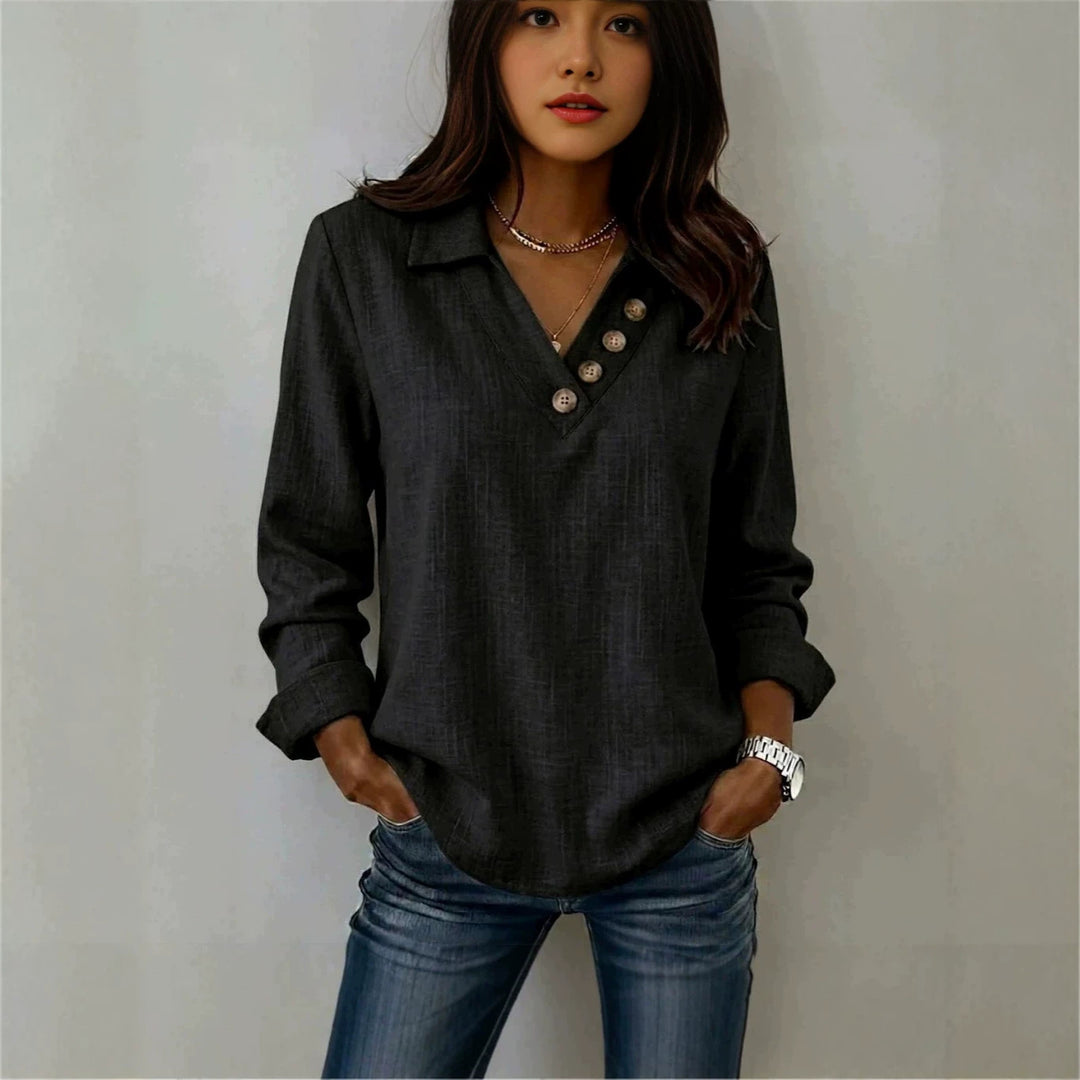 Damen Lässiges V-Ausschnitt-Blusenshirt mit Hemdkragen und asymmetrischer Zierknopfleiste Drune
