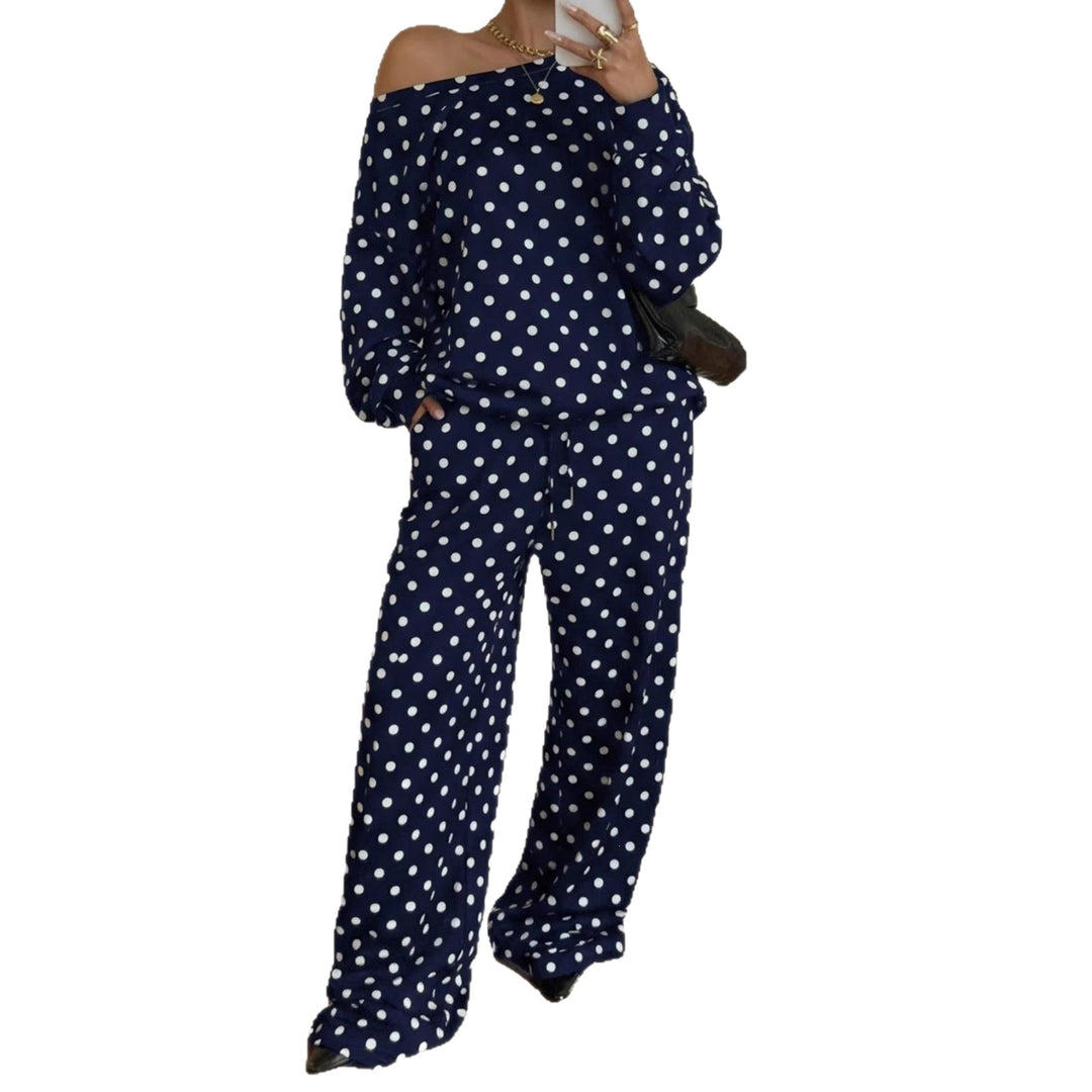 Damen Gepunktetes Zweiteiliges Lounge-Set mit weitem Boatneck und weiten Palazzo-Hosen Drune
