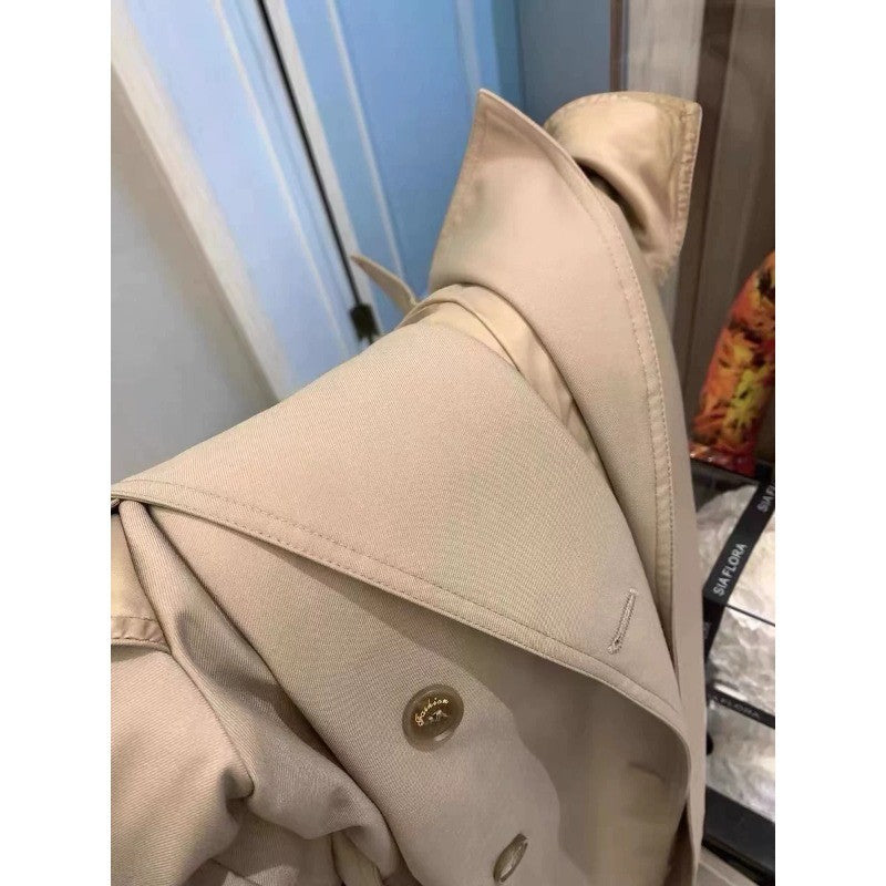 Damen Eleganter Midi-Trenchcoat mit Oversize-Schulterklappe, gerafften Ärmeln und taillierendem Bindegürtel Drune
