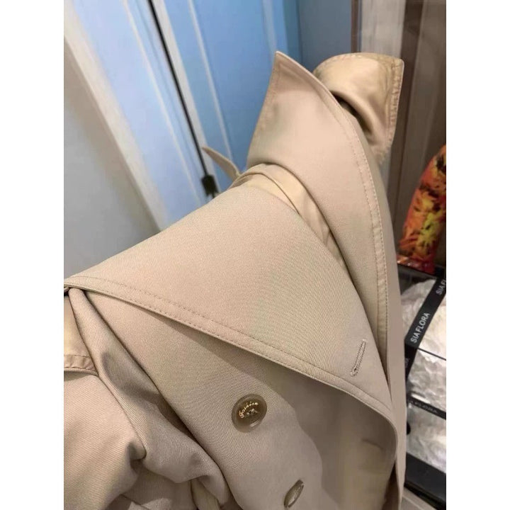 Damen Eleganter Midi-Trenchcoat mit Oversize-Schulterklappe, gerafften Ärmeln und taillierendem Bindegürtel Drune