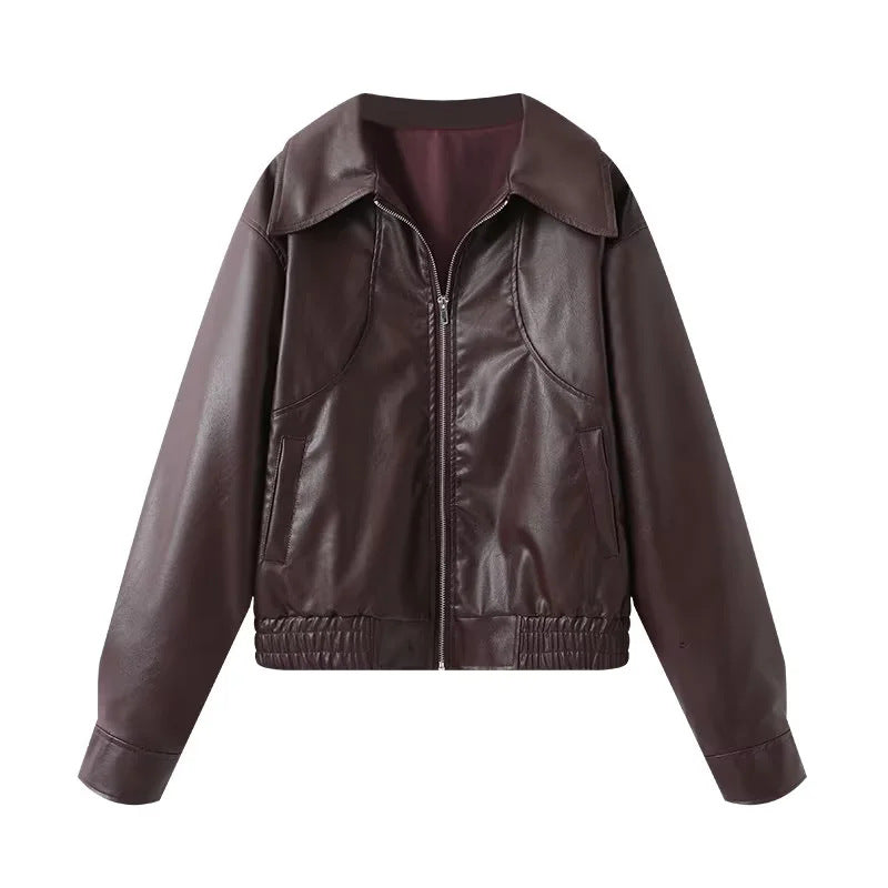 Damen nan Oversize Kunstlederjacke im Bomberstil mit Hemdkragen, kontrastierender Materialoptik und elastischem Saum Drune