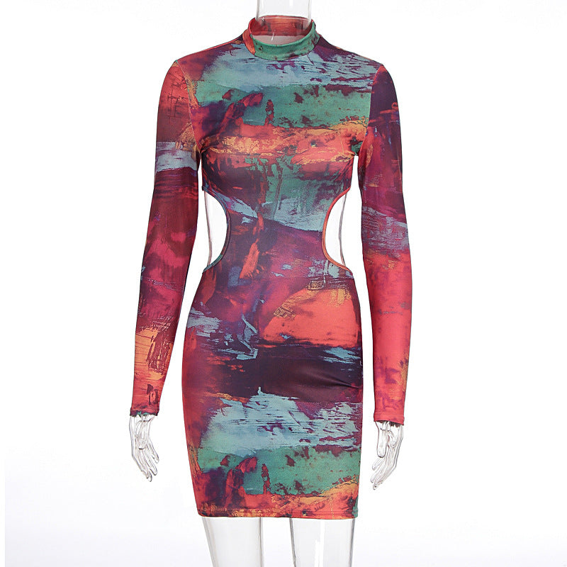 Damen figurbetontes Cut-Out Kleid mit hochgeschlossenem Kragen und luxuriösem Muster Drune