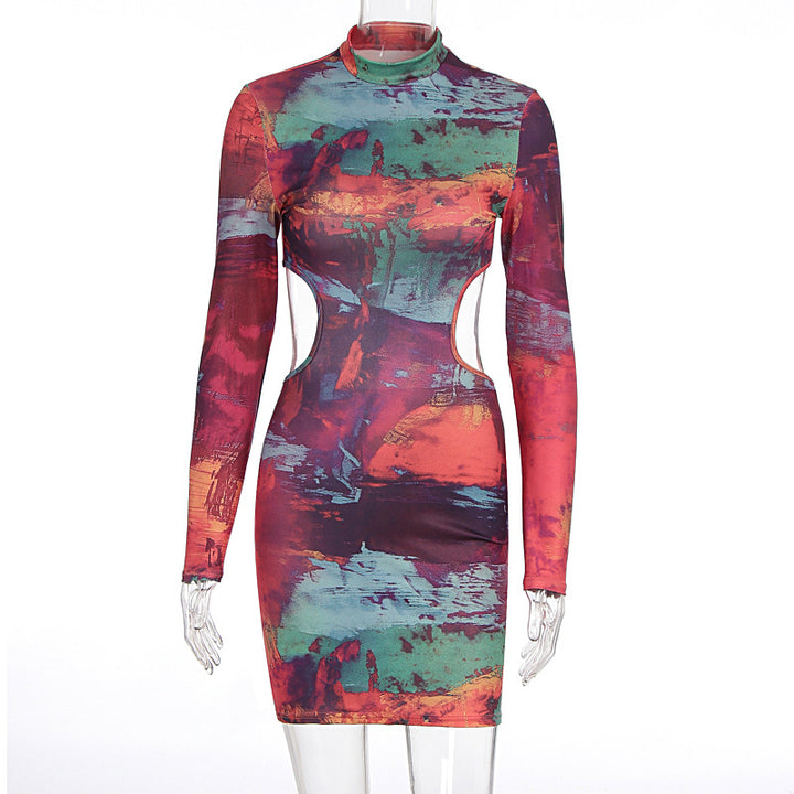 Damen figurbetontes Cut-Out Kleid mit hochgeschlossenem Kragen und luxuriösem Muster Drune