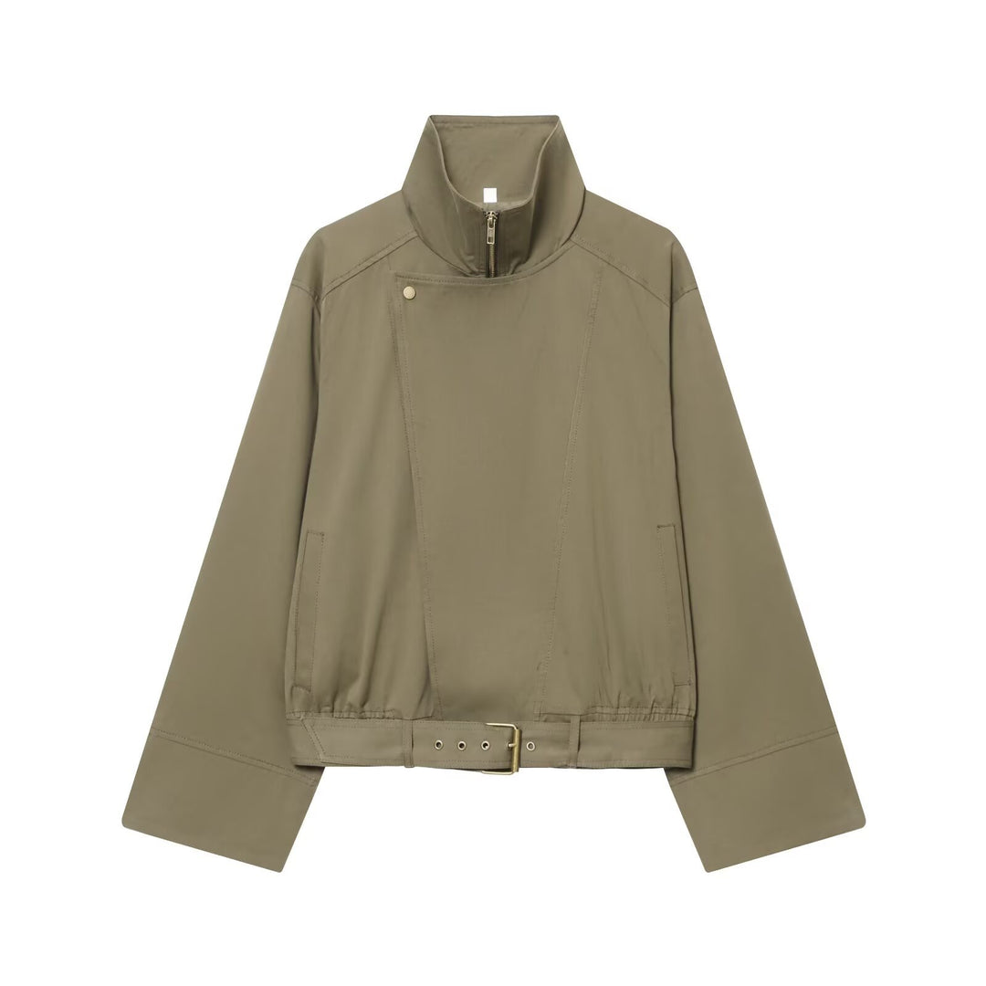 Damen Kurzblouson mit hohem Stehkragen, verdecktem Reißverschluss und Taillengürtel Drune