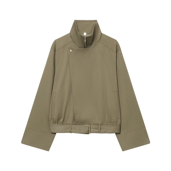 Damen Kurzblouson mit hohem Stehkragen, verdecktem Reißverschluss und Taillengürtel Drune