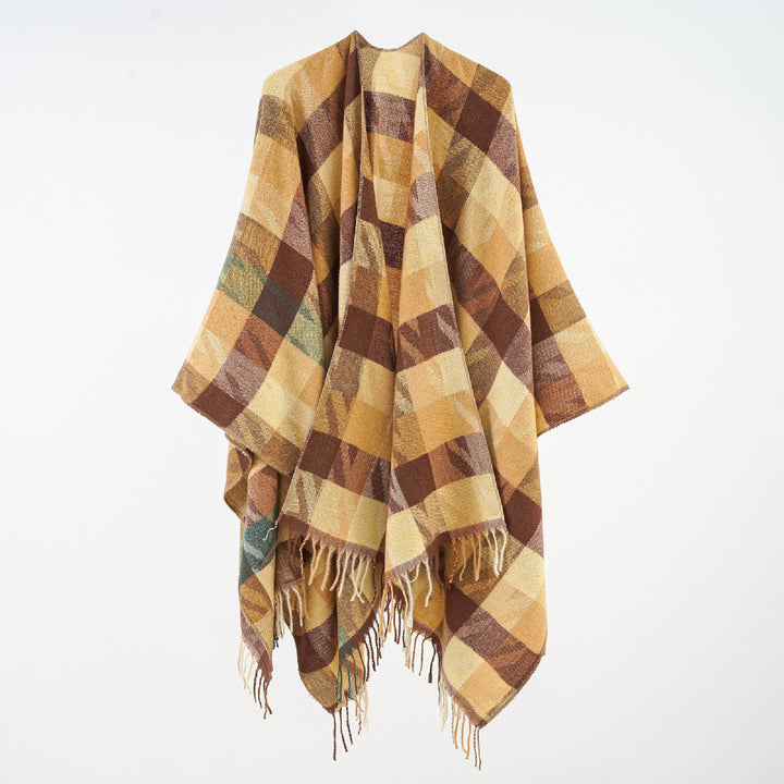 Damen Oversize-Plaidponcho mit Fransen und gewebtem Karomuster Drune