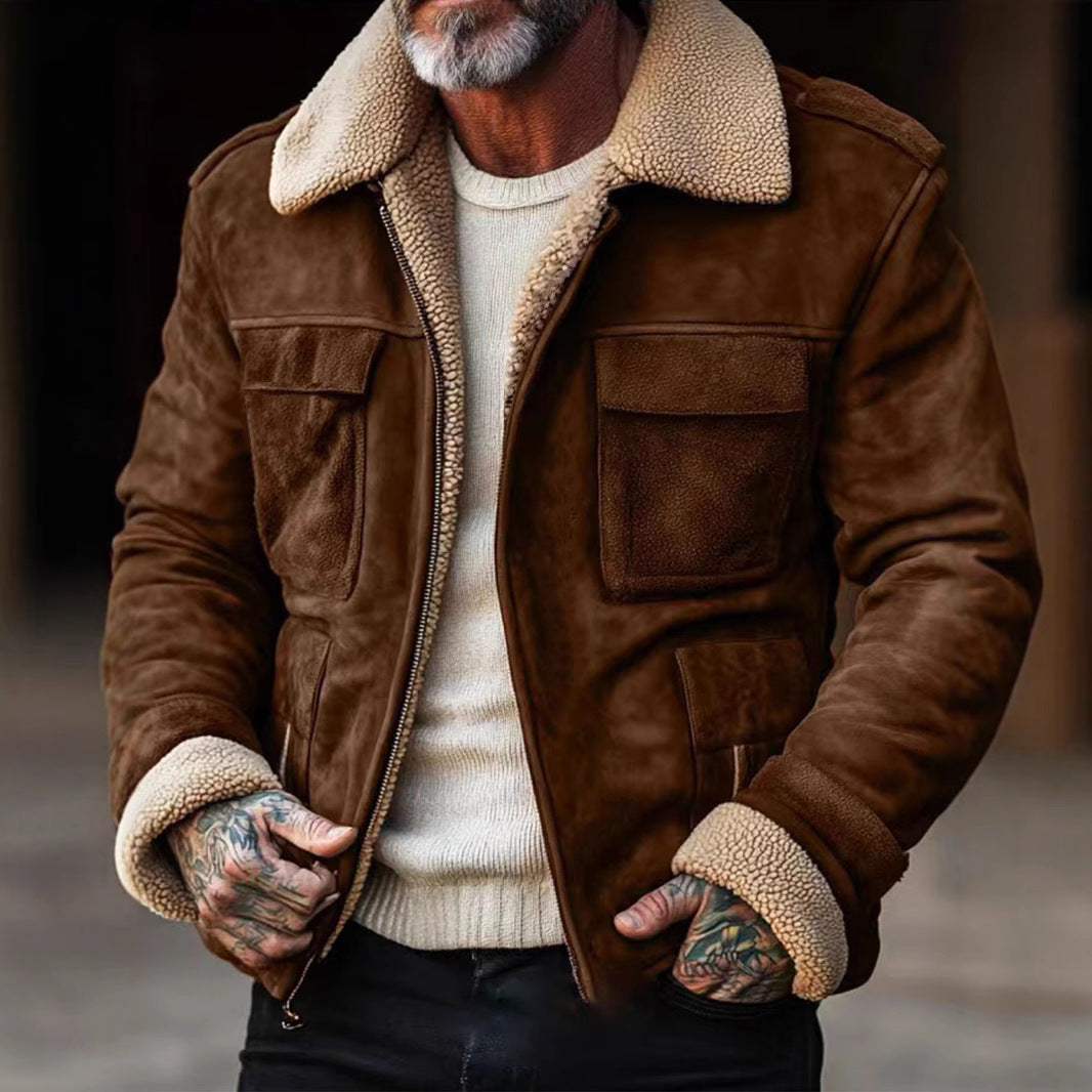 Herren nan Aviator-Lederjacke mit Lammfellimitat-Futter, aufgesetzten Brusttaschen und Reißverschluss Drune