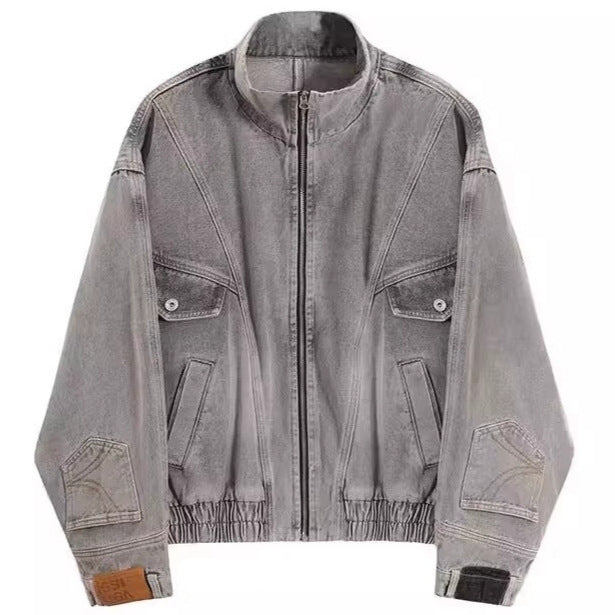 Damen Oversized Jeansjacke mit Stehkragen, Reißverschluss und elastischem Saum Drune