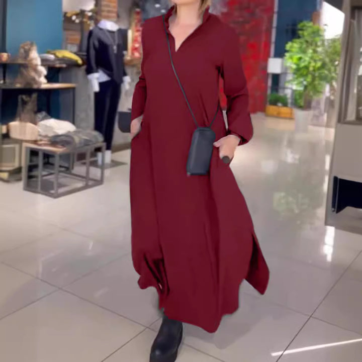 Damen Lange Maxi Kleid mit Stehkragen, Seitentaschen und Lockerem Fall Drune