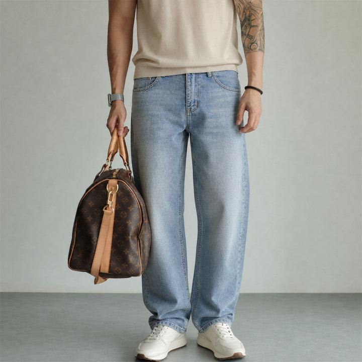 Damen Weite High-Waist Denim-Jeans mit ausgestelltem Bein und Vintage-Waschung Drune