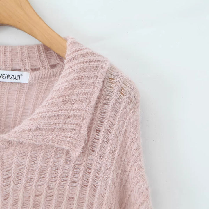 Damen Grob gestrickte Oversize‑Strickjacke mit Hemdkragen und Knopfleiste Drune