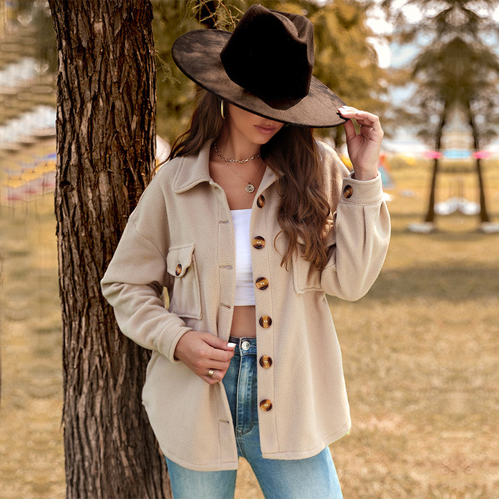 Damen Oversize-Fleece-Hemdjacke mit aufgesetzten Brusttaschen und durchgehender Knopfleiste Drune