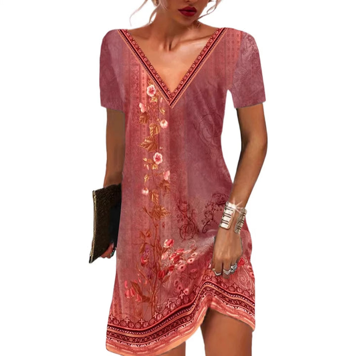 Frauen Floral V-Ausschnitt Tunika Kleid mit Border Print und langen Ärmeln Drune