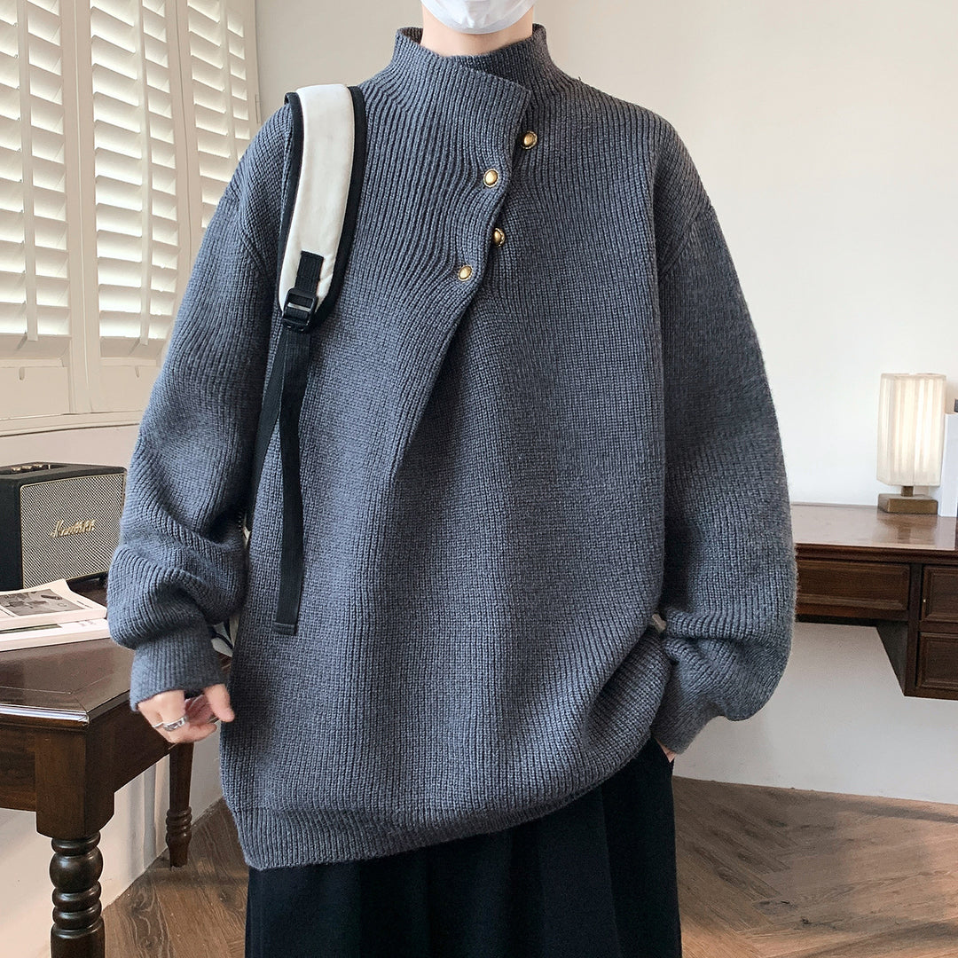 Herren Oversize-Rippenpullover mit asymmetrischem Knopfkragen Drune