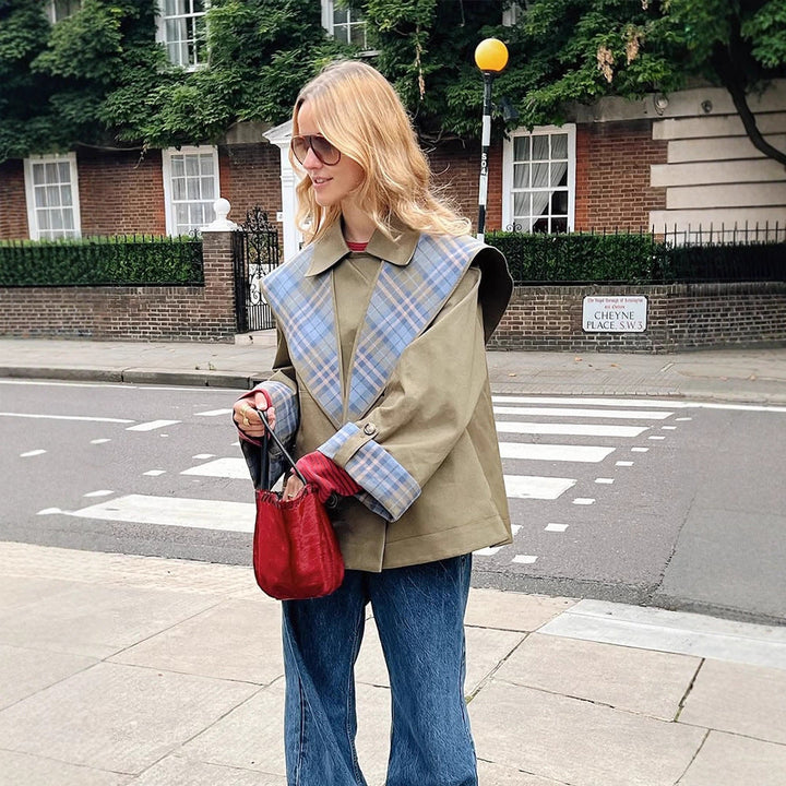 Damen modische Oversized Jacke mit kariertem Kragen Drune