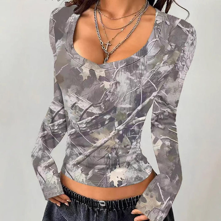 Damen Camouflage Langarmshirt mit V-Ausschnitt und modernen Details Drune
