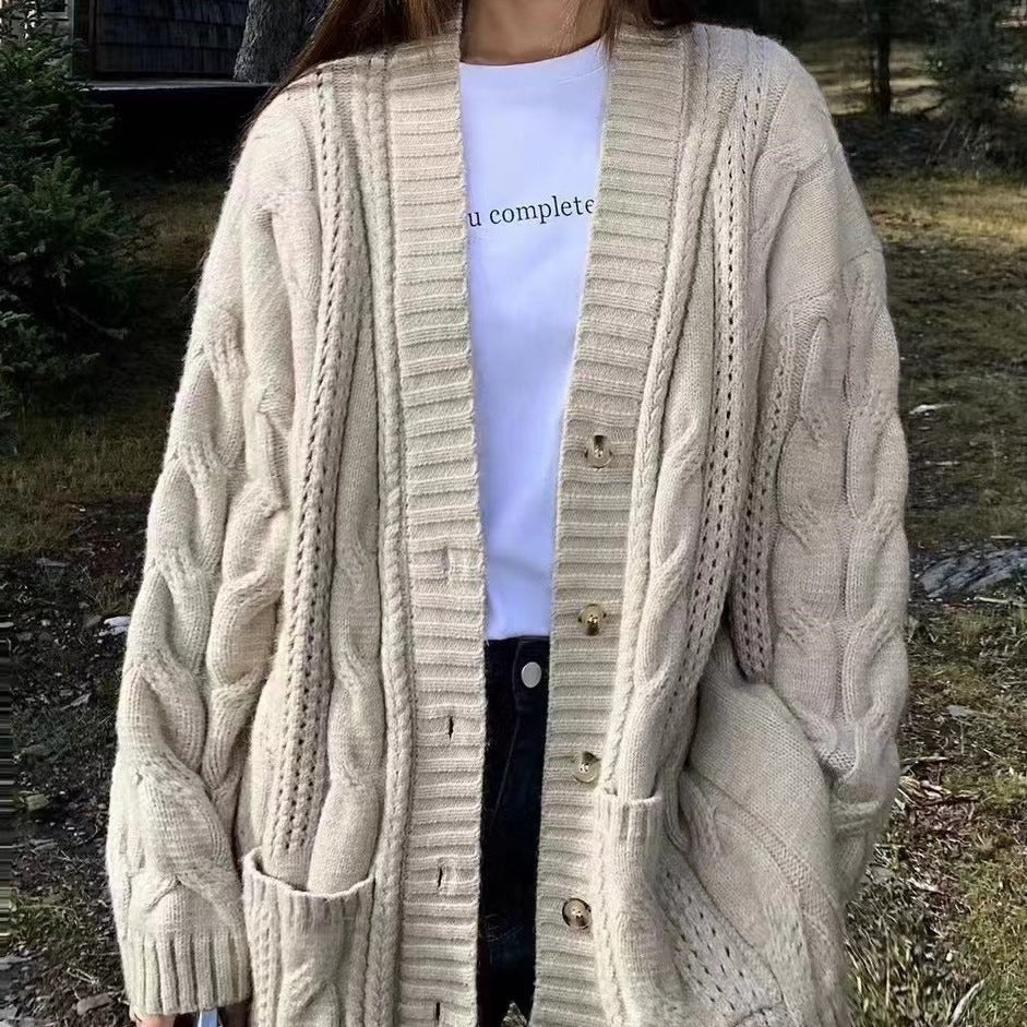 Damen Strickcardigan mit tiefem V-Ausschnitt und strukturiertem Zopfmuster Drune