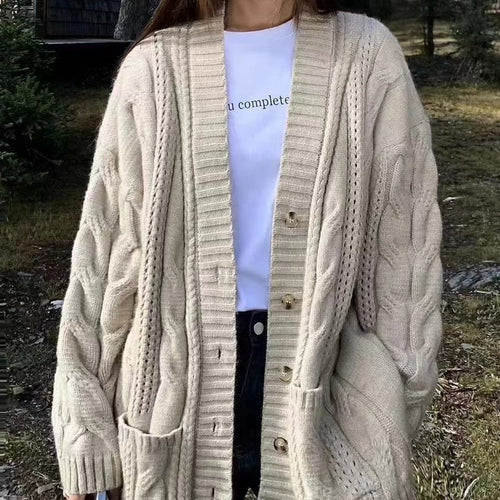 Damen Strickcardigan mit tiefem V-Ausschnitt und strukturiertem Zopfmuster Drune