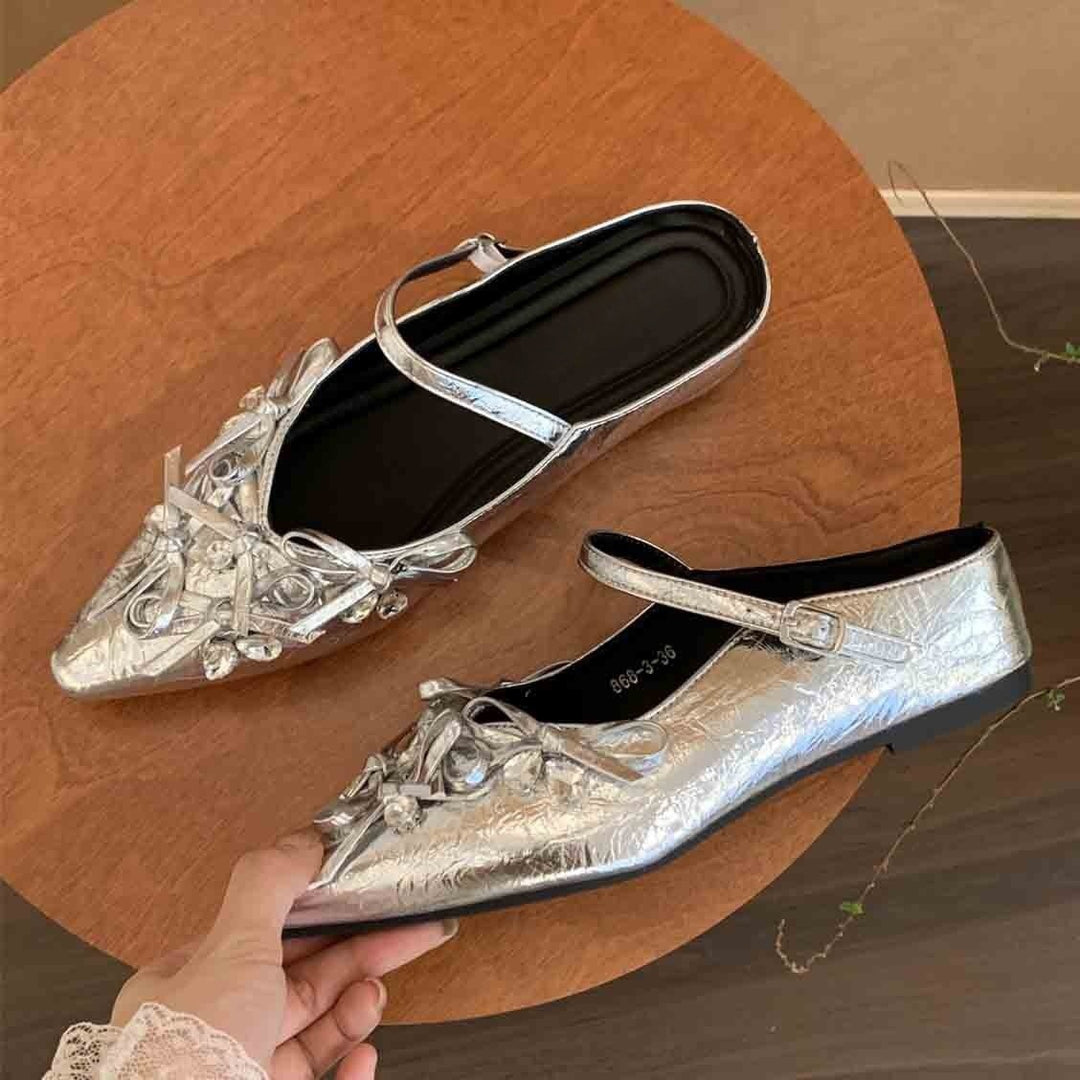 Damen Spitz zulaufende Mary-Jane Ballerina mit dekorativen Knotendetails und flacher Laufsohle Drune