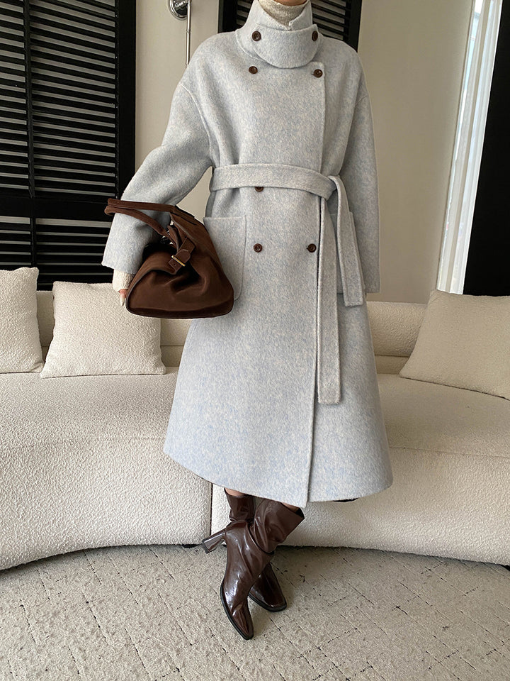 Damen eleganter Wollmantel mit doppelter Knopfleiste und Taillengürtel Drune