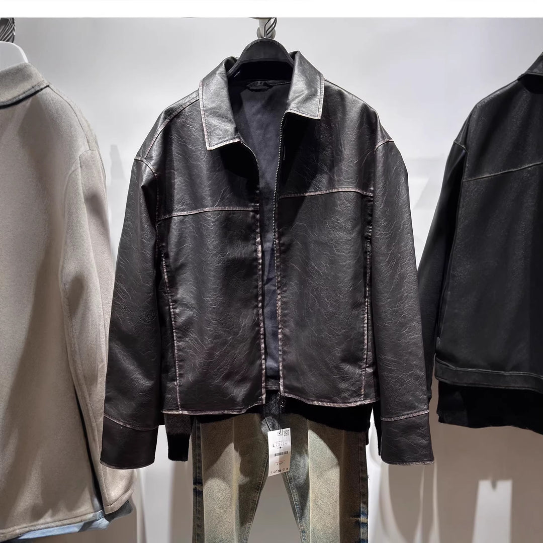 Herren Boxy-Kunstleder-Hemdblouson mit Used‑Struktur und Metallreißverschluss Drune