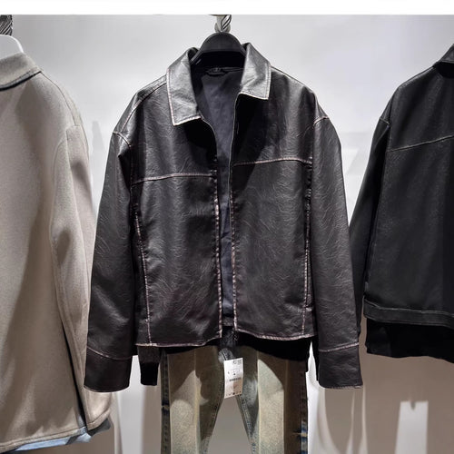 Herren Boxy-Kunstleder-Hemdblouson mit Used‑Struktur und Metallreißverschluss Drune