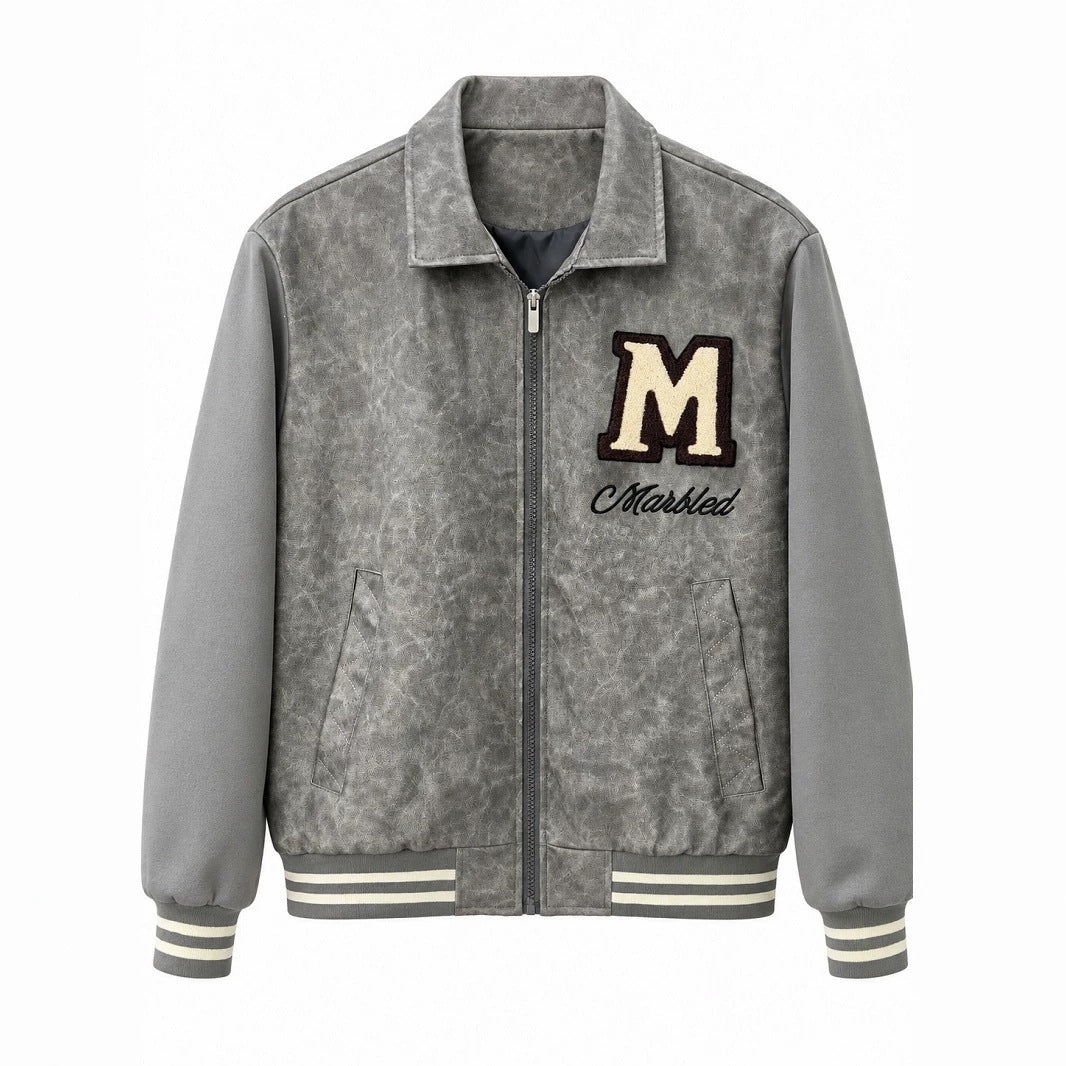 Herren Varsity-Bomberjacke im Vintage-Lederlook mit Chenille-Emblem Drune