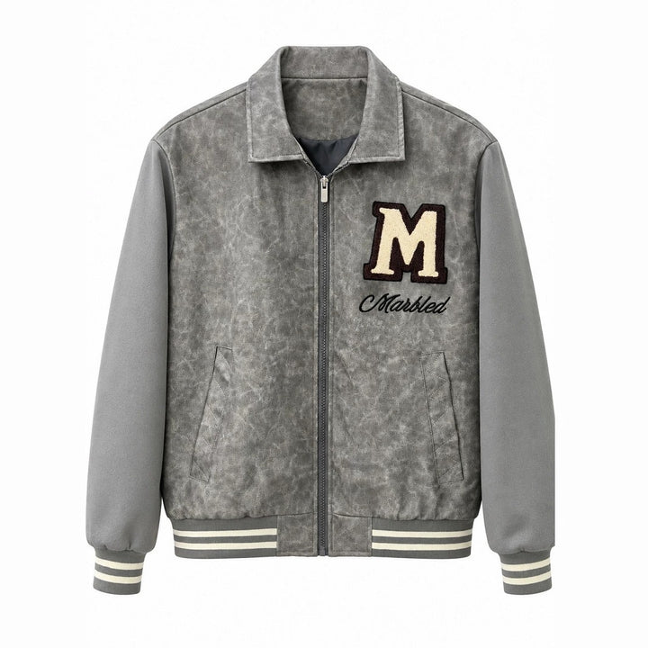 Herren Varsity-Bomberjacke im Vintage-Lederlook mit Chenille-Emblem Drune