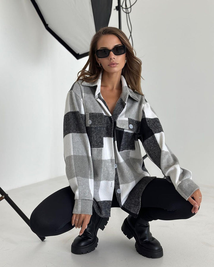 Damen Karierter Overshirt im Shacket-Stil mit Saumtaschen und Knopfverschluss Drune