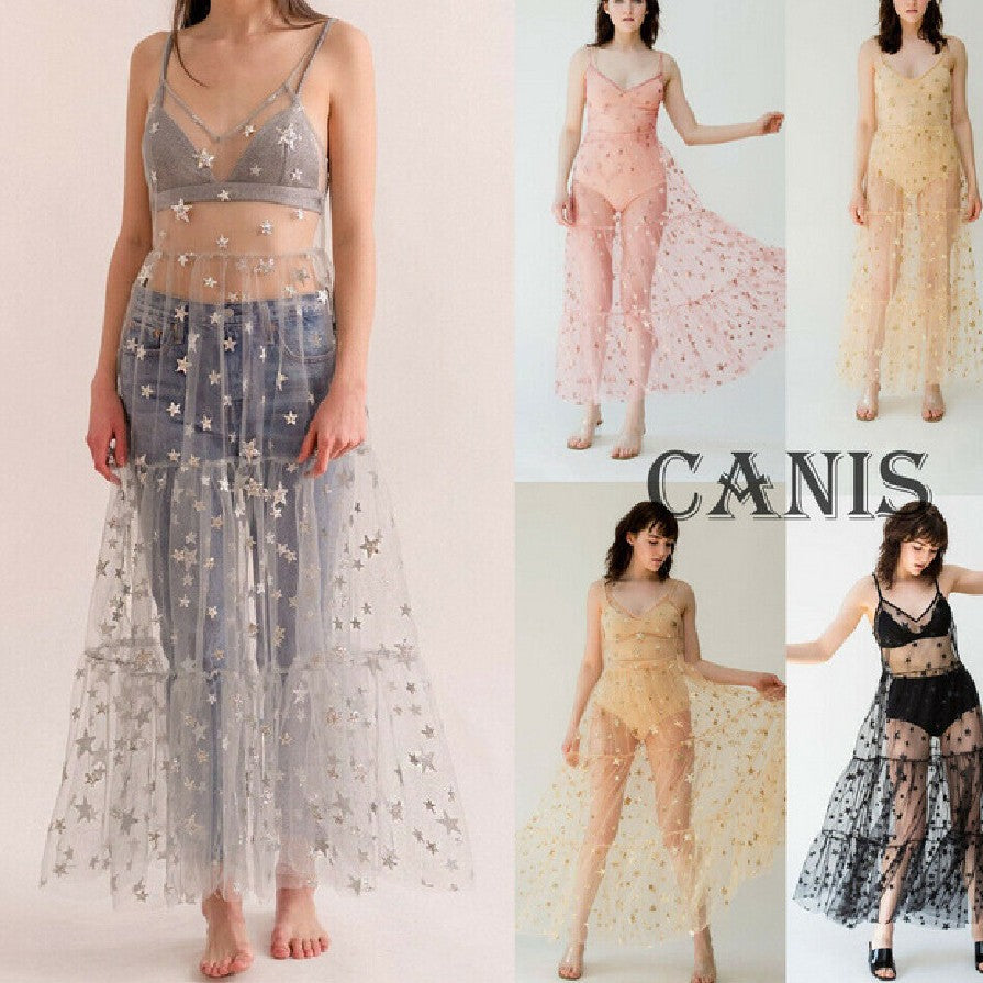 Damen Transparente Maxikleid aus Chiffon mit Sternen-Design und mehrlagigem Saum Drune