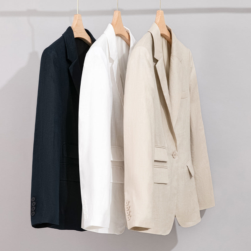 Damen Sommerlicher Leinen‑Mix Blazer mit taillierter Silhouette und Pattentaschen Drune