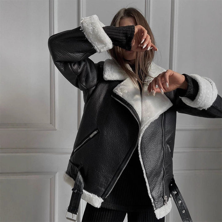 Damen Oversized Bikerjacke mit Teddyfell-Futter und verstellbaren Gürteln Drune